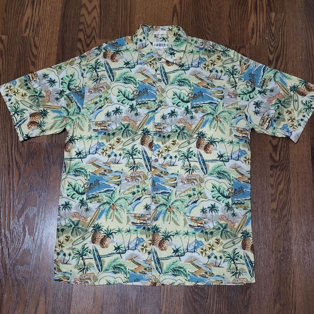 Mens CAMPIA MODA Collared Button Down Rayon TROPICAL SURFING Dress Shirt L